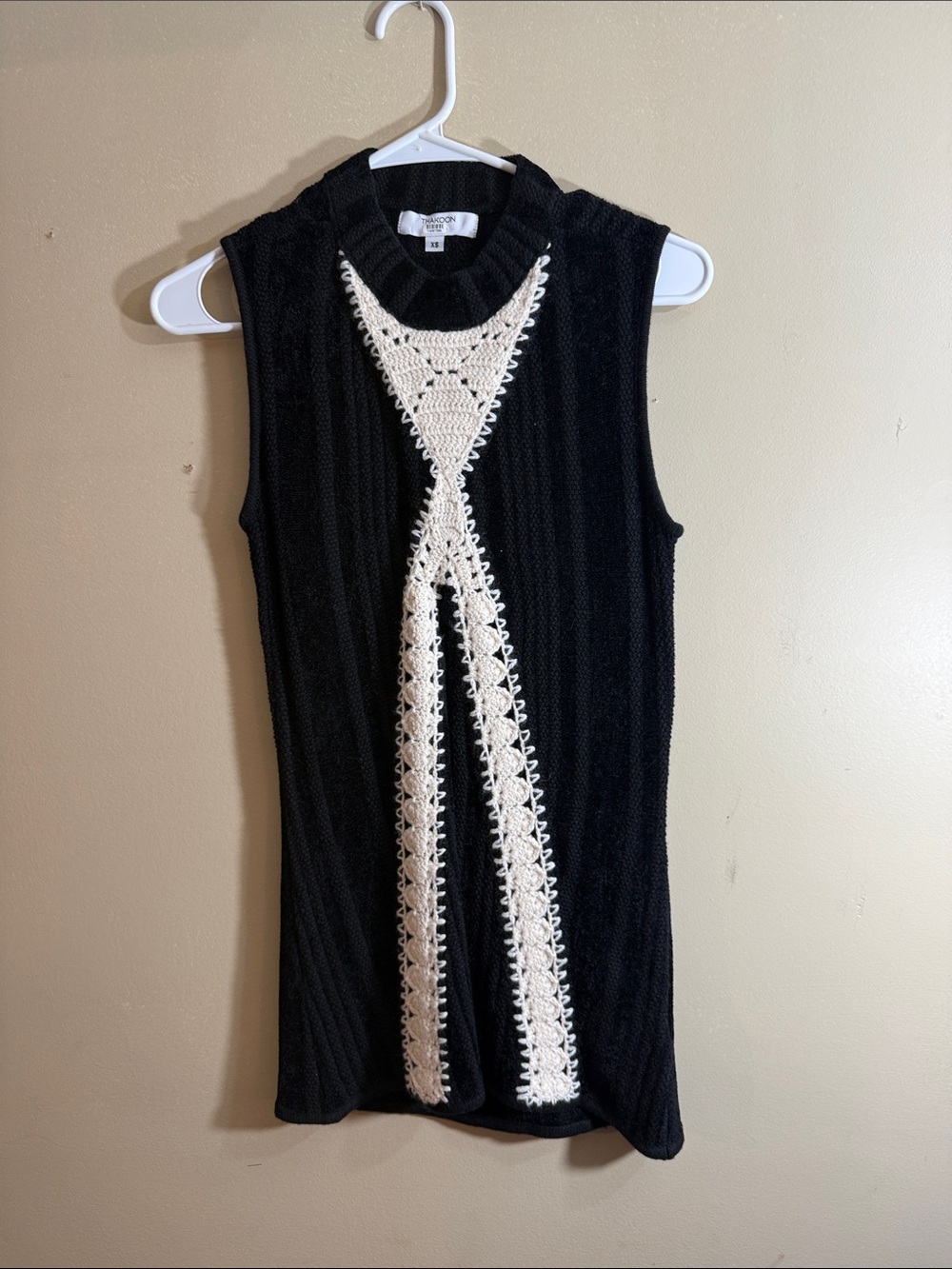 Thakoon Black Sleeveless Knit Tank with Cream Crochet Inset